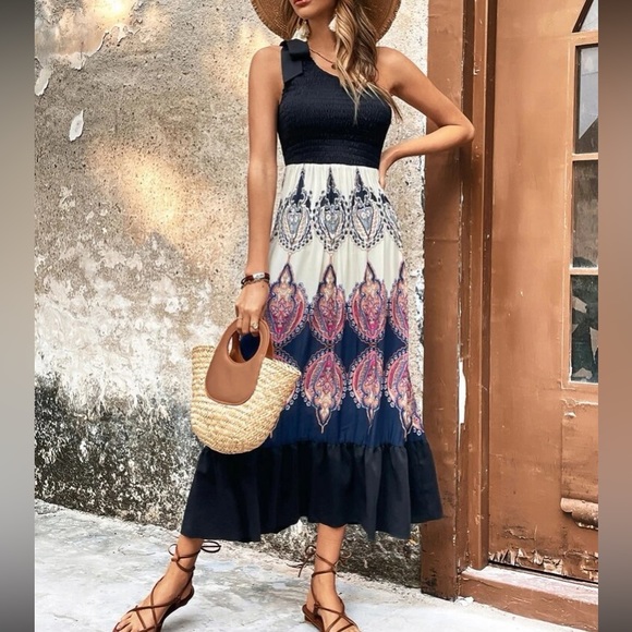 Boho floral print one shoulder midi dress - Picture 2 of 6